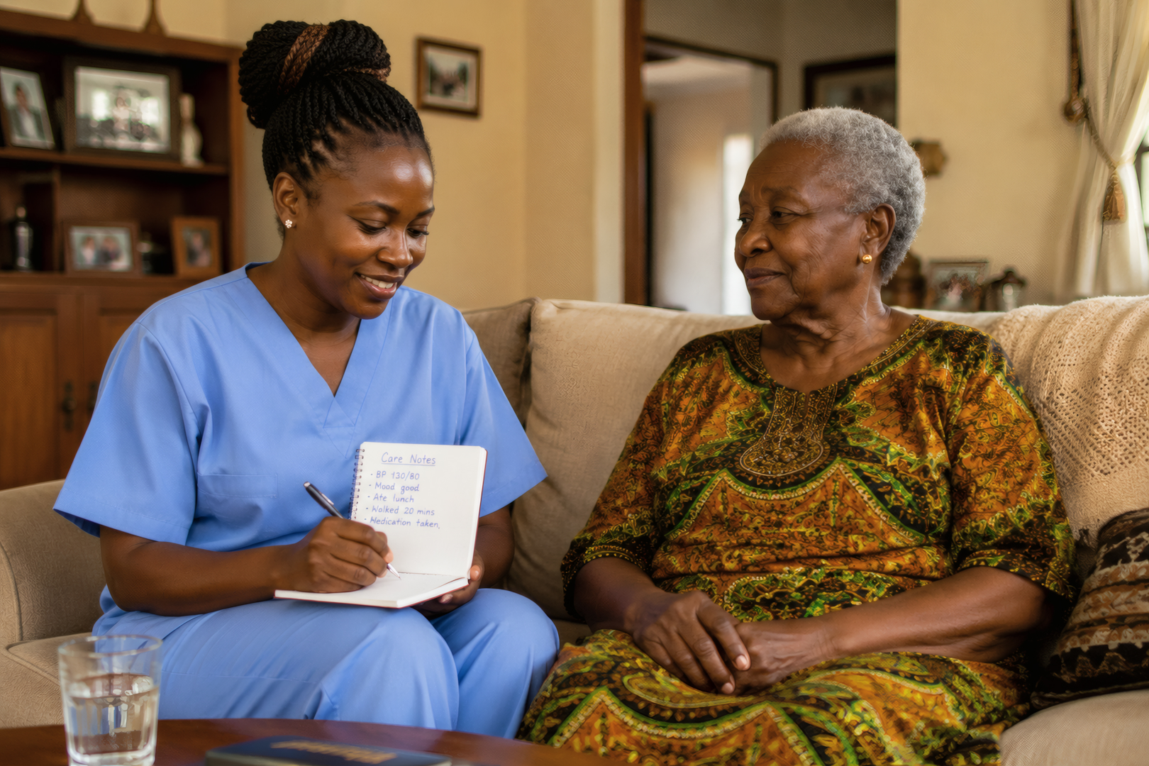 Harmony Home Care caregiver writing care notes beside elderly patient in Nairobi home